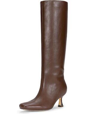 Women's Brown Square Toe Kitten Low Heel with Zipper Tall Dress Knee High Boots